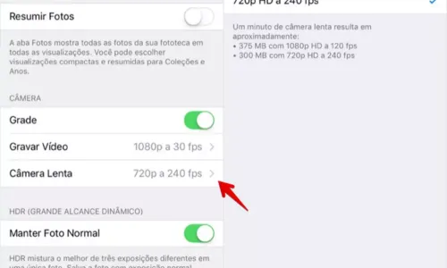 Ajuste a taxa de quadros (FPS), geralmente 120fps ou 240fps